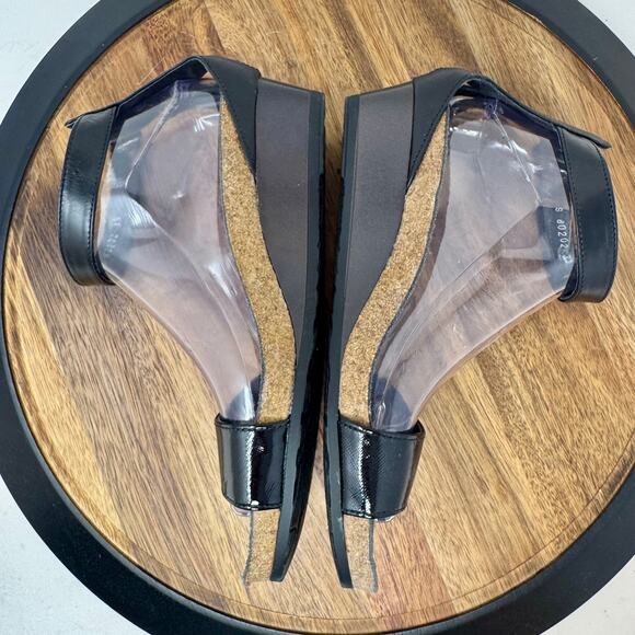 NAOT Pixie Black Leather Wedge Sandal Cork Sz EU 39 US 8.5 Adjust Strappy Ankle - Picture 6 of 11
